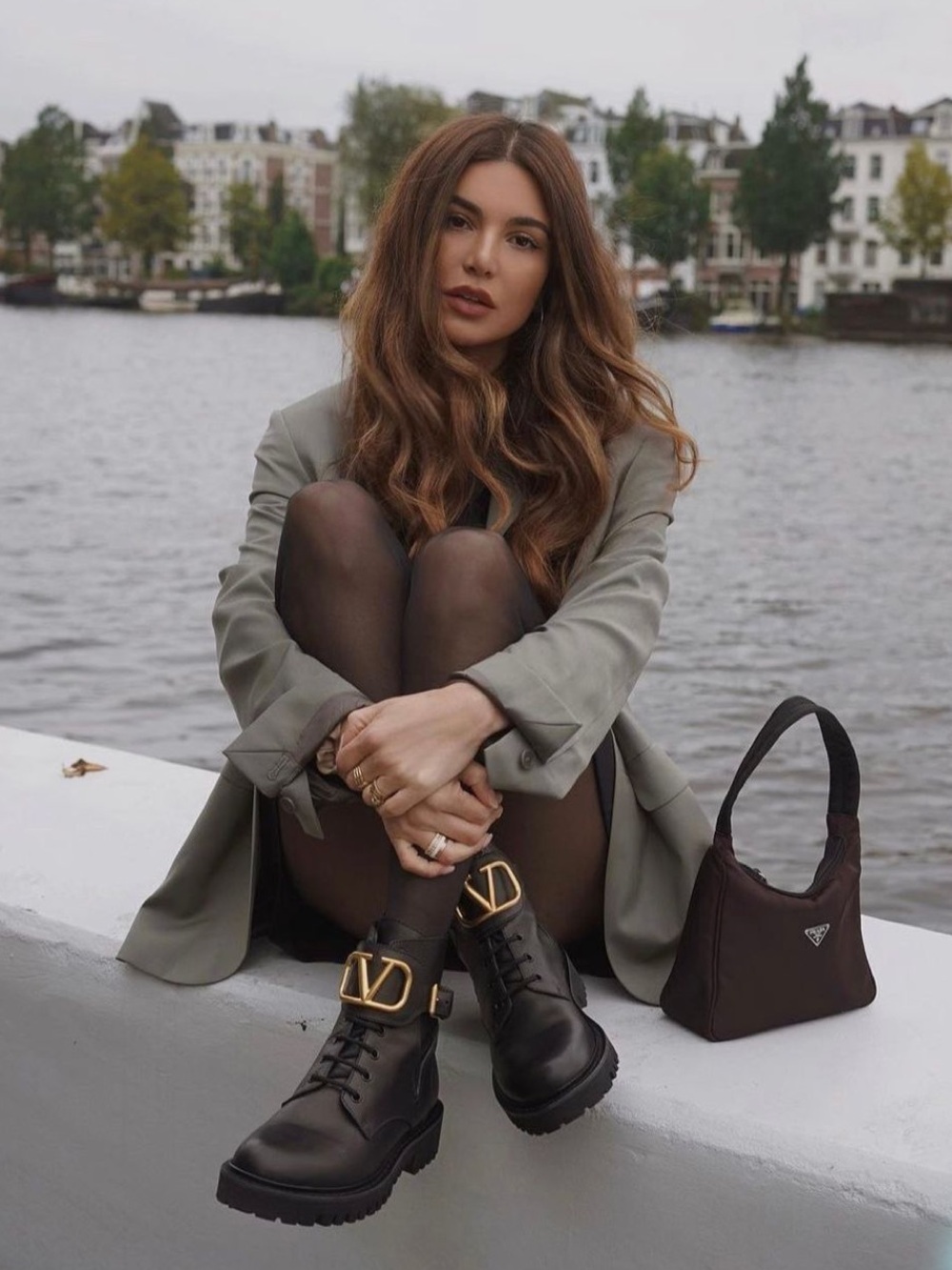 Valentino Black Leather Combat Boots with Gold V Buckles